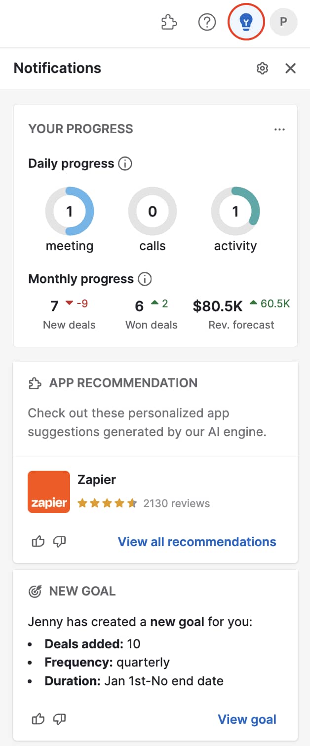 client acquisition Pipedrive Notifications smart suggstions