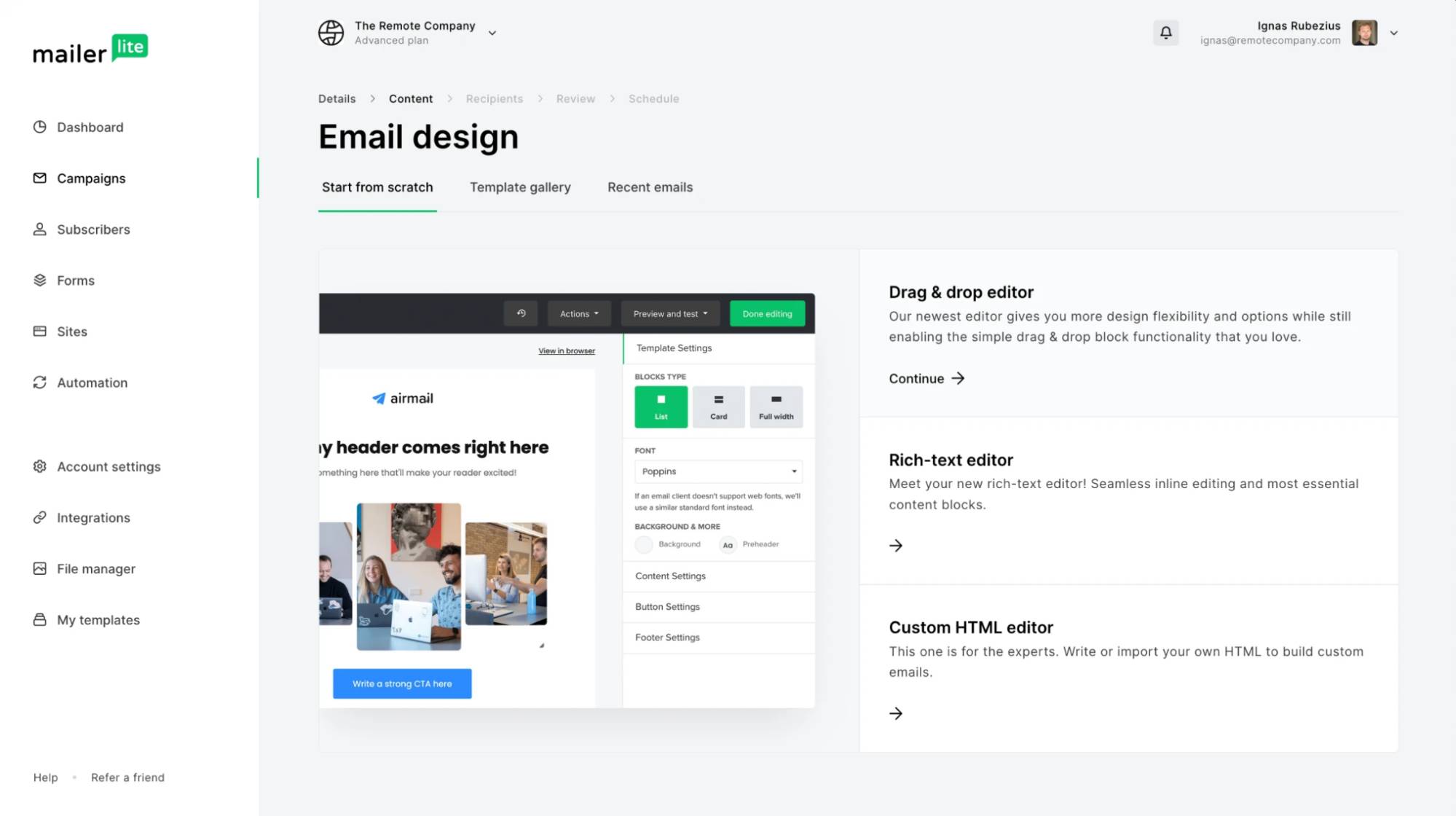 mailchimp alternatives MailerLite dashboar