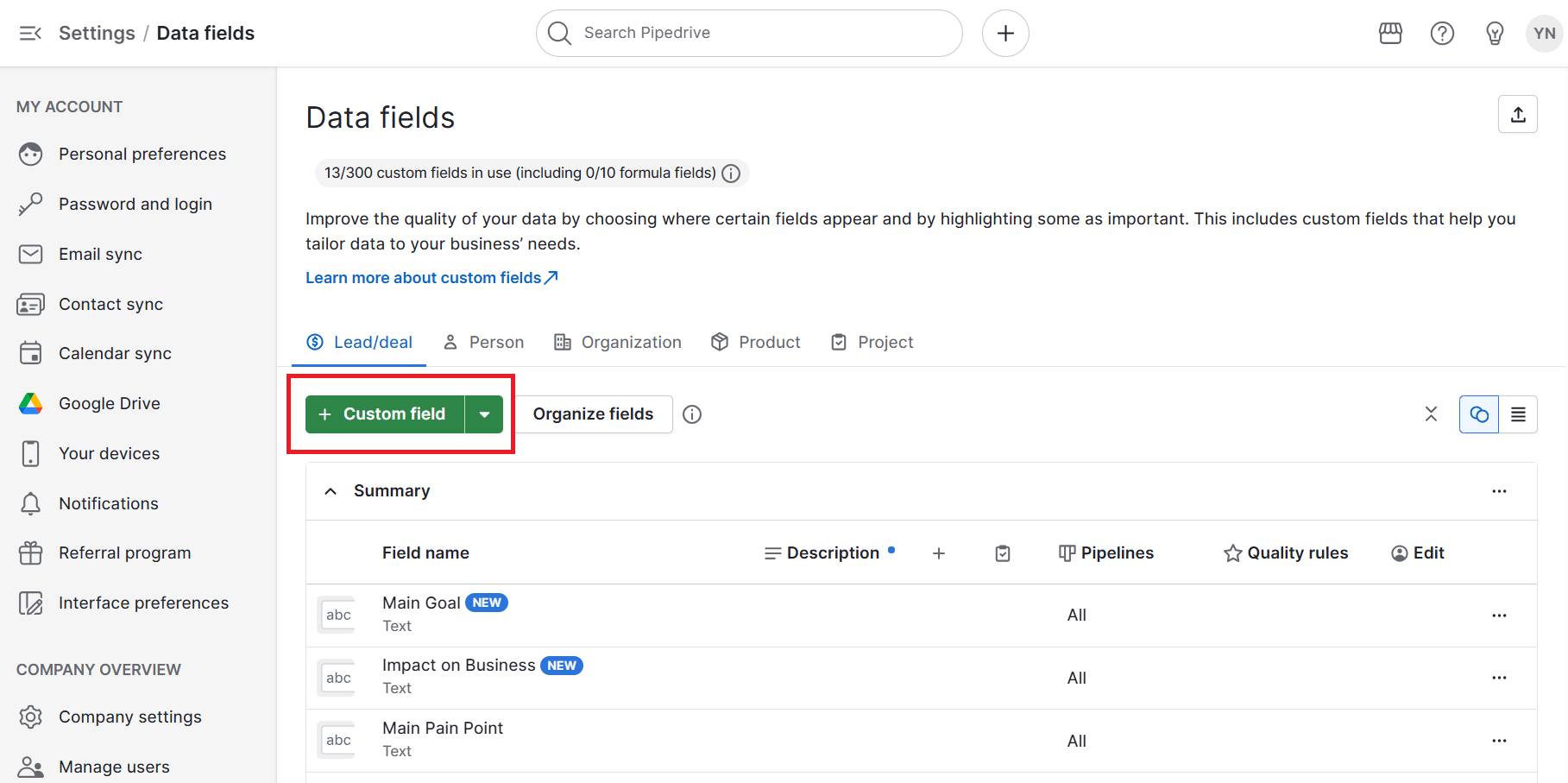 pain funnel Pipedrive's custom field feature