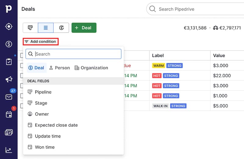 pipedrive data filters