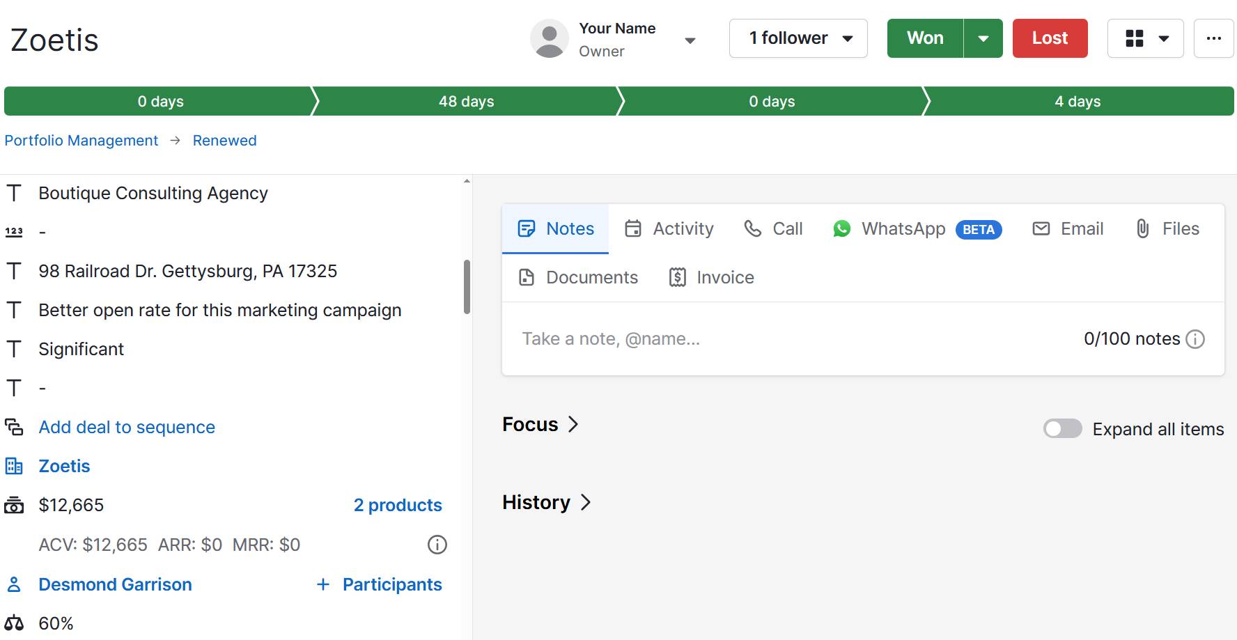 real estate sales process Pipedrive deal detail view
