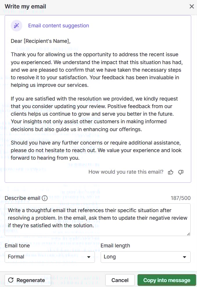 reputation management software pipedrive email content