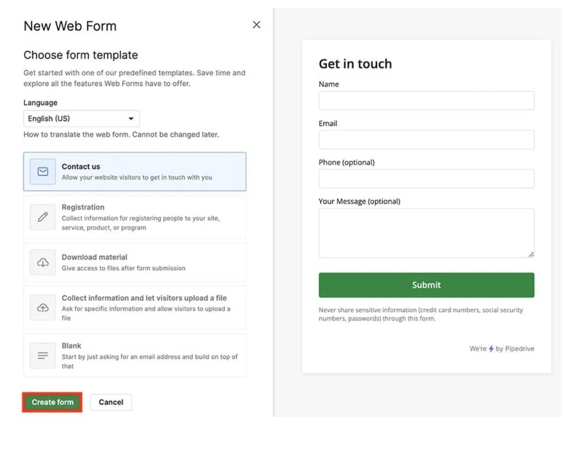survey management software Pipedrive's Web Forms settings