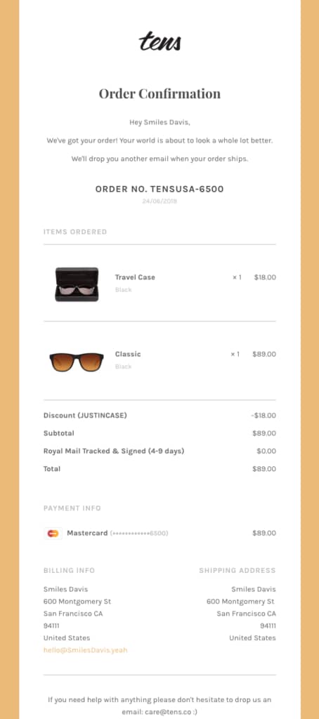 tens Email confirmation order