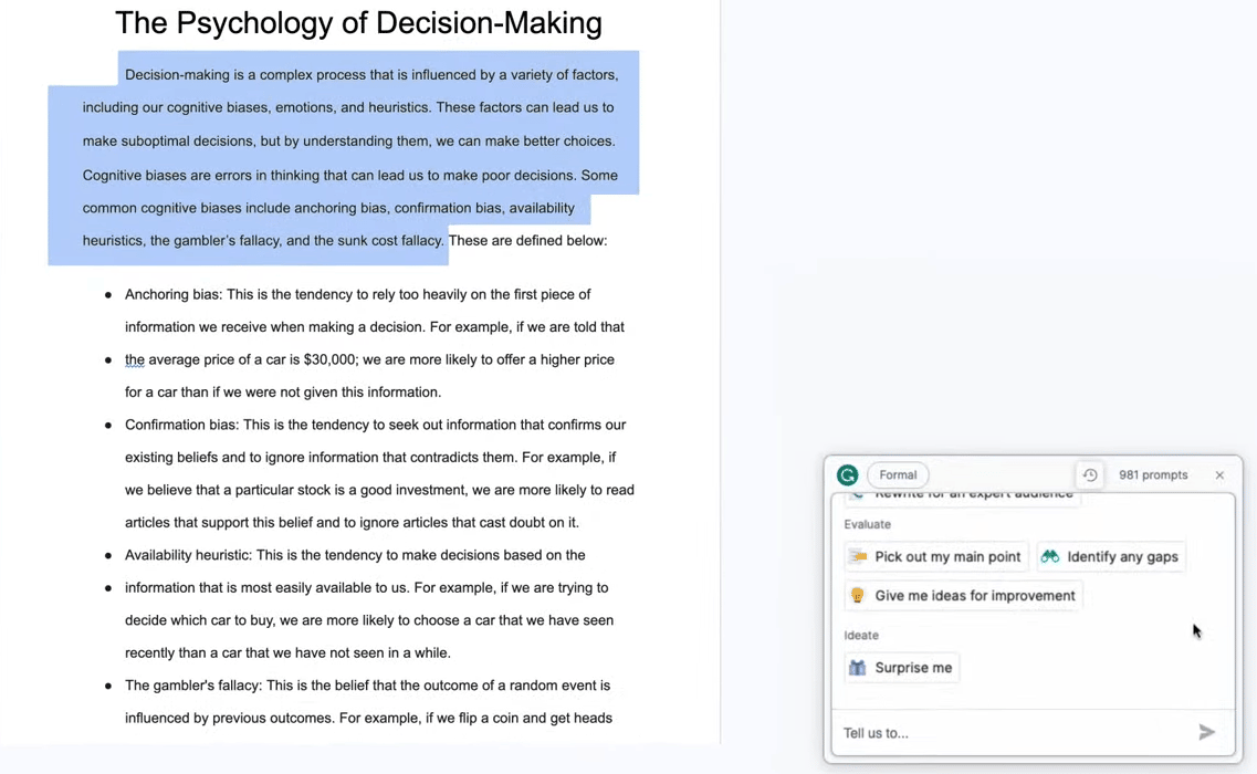 Grammarly AI-Assisted Editing Interface