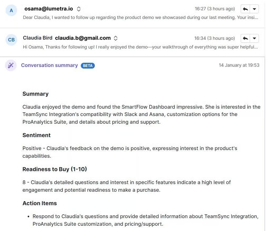 AI for sales and marketing Pipedrive AI email summarization