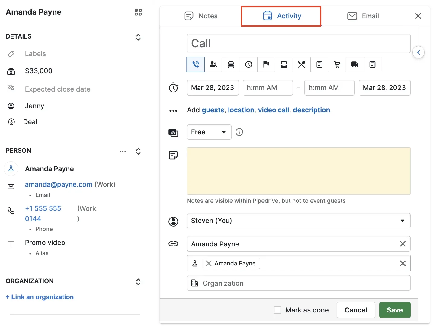 Programación de una actividad de ventas en Pipedrive